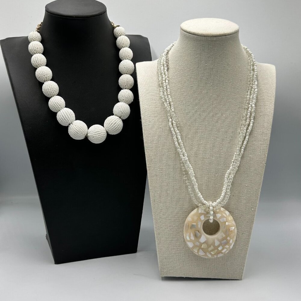 White Beaded Necklace Lot Statement Chunky Seed Bead Multi Strand Pendant